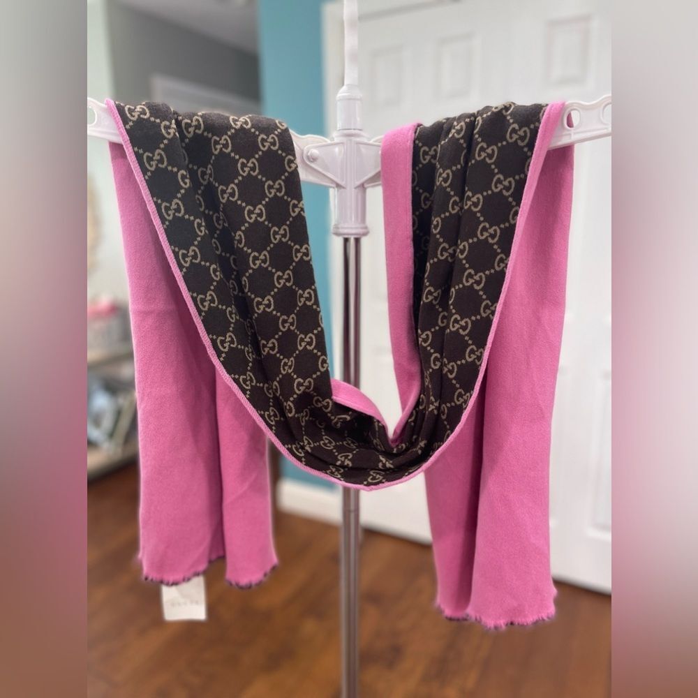 Gucci Pink and Brown Monogram Wool and Silk Blend Scarf